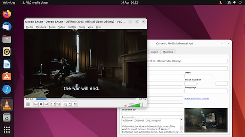 VLC 3.0 在 Linux 上播放带字幕视频并打开媒体信息窗口的截图